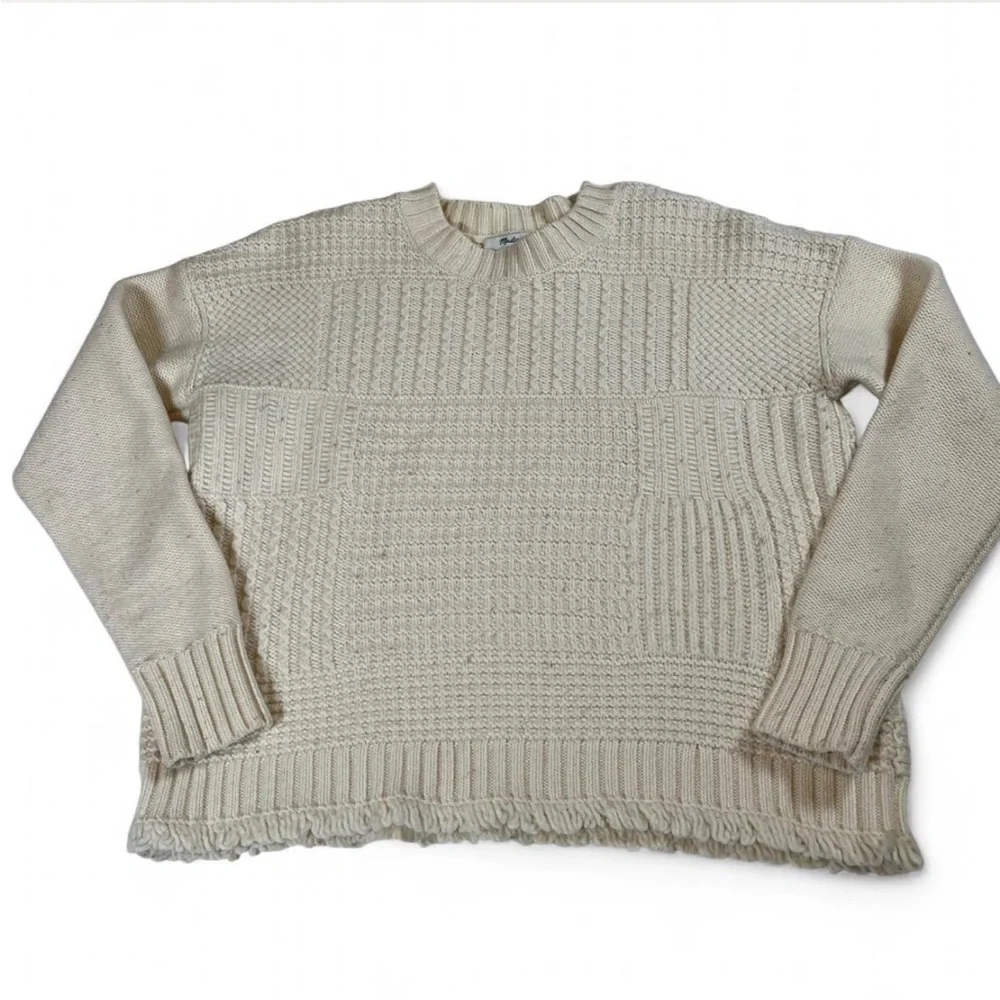 Madewell Stitchmix Merino Wool Blend Sweater Loop Fringe Fisherman Ivory Size XS